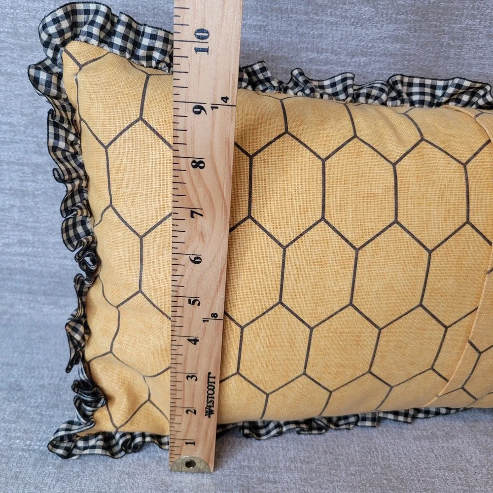 Farmhouse Embroidered Bee Honeycomb Lumbar Throw Pillow Black Gingham Ruffle